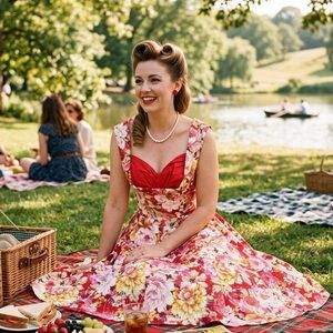 Lindy Bop Ophelia Red Swing Retro Dress in Red Garden Print, Size M, NWT